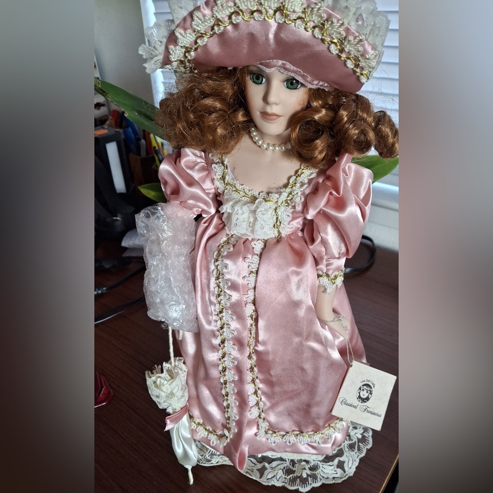 Vintage-Inspired Porcelain Doll in Pink Gown